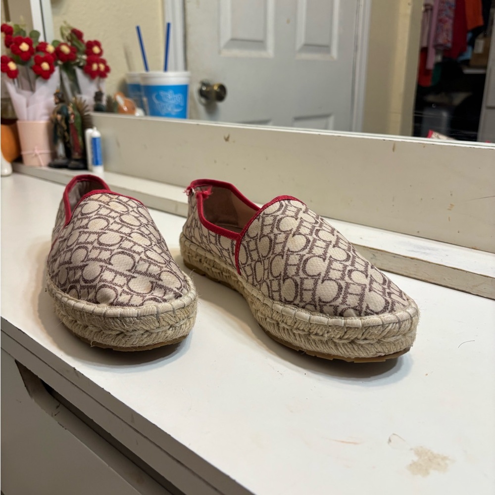 Beige and Red Espadrille Flats